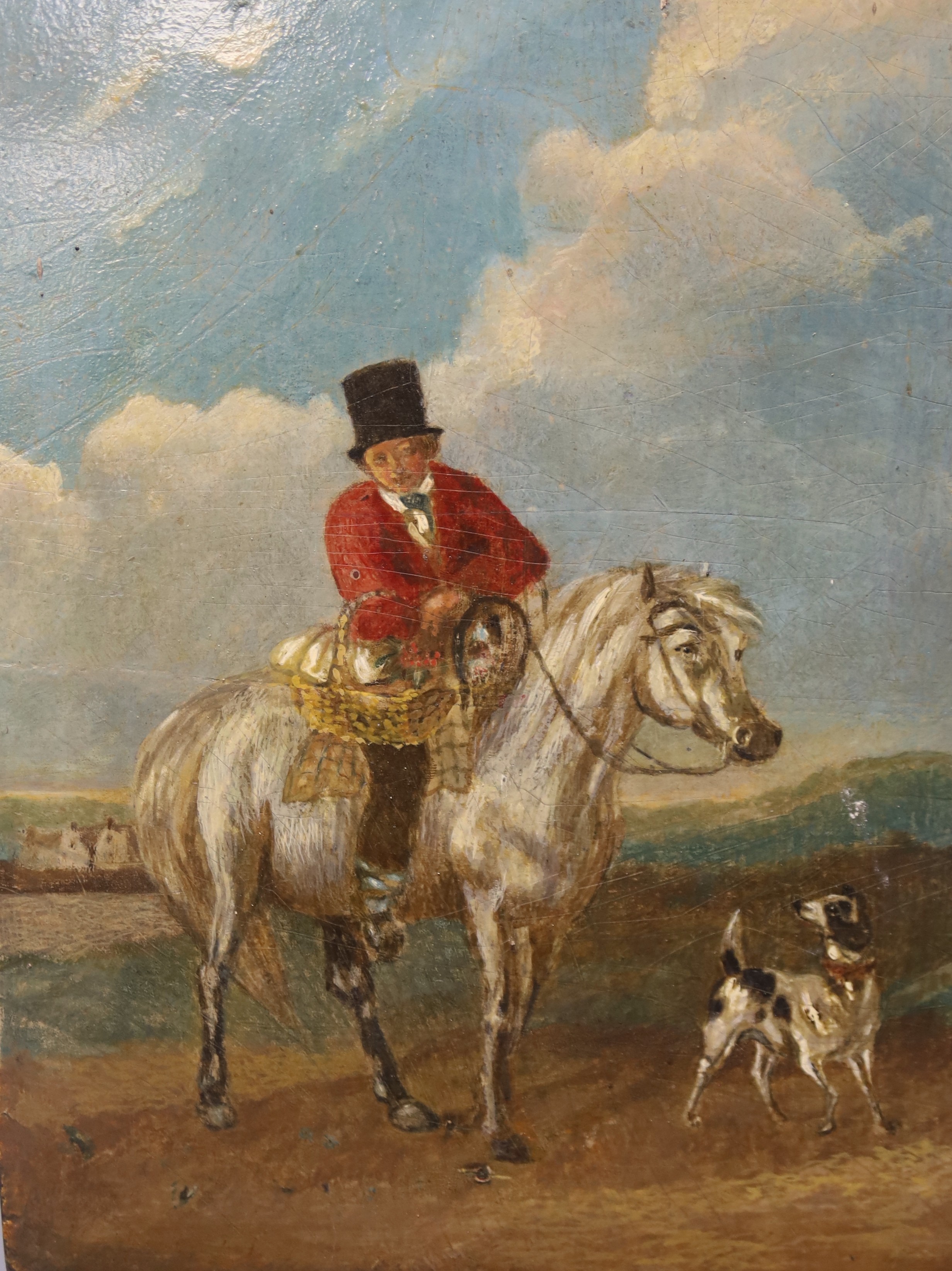 After Edmund Bristow, c.1830, oil on wooden panel, Gentleman on horseback on route to market, 23 x 18cm, unframed
